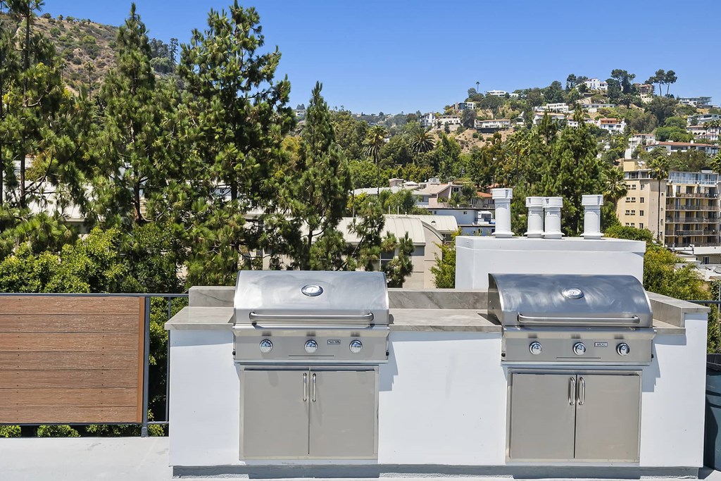 two stainless steel gas grills on a roof with a city in the background