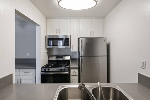 a kitchen with stainless steel appliances and a sink
