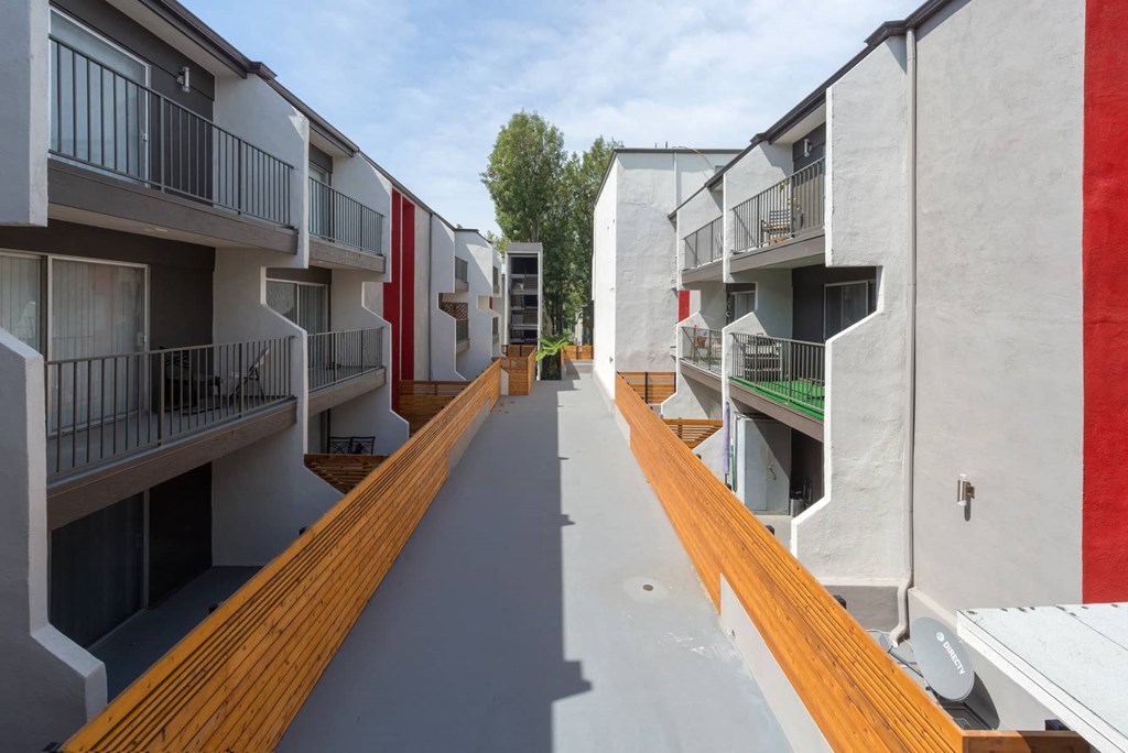 modern apartments with wooden deck in the city