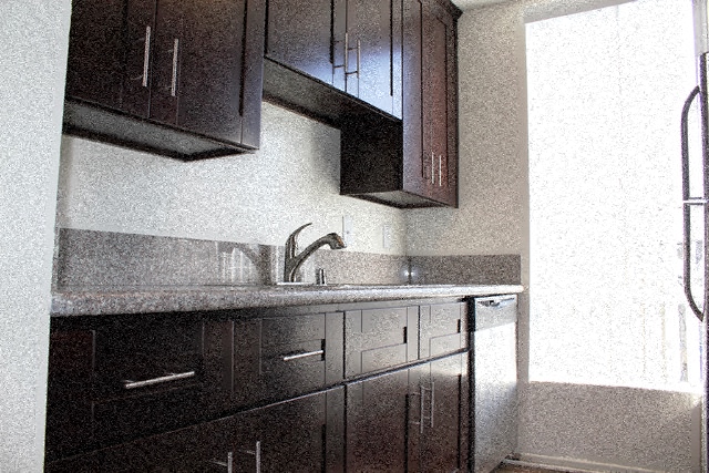 A kitchen with dark brown cabinets and a granite counter.