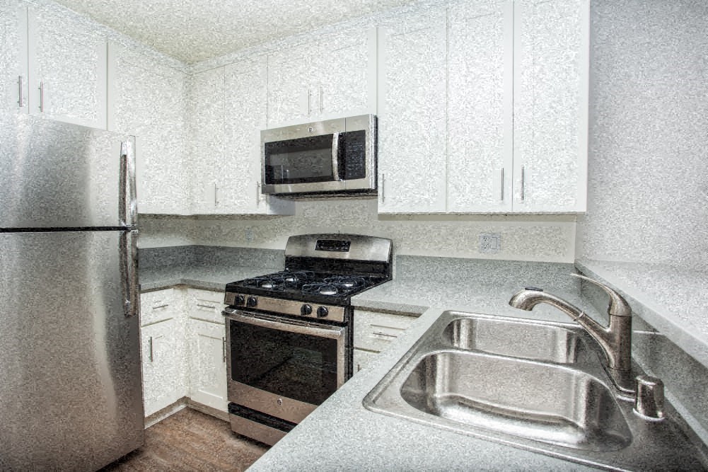 a kitchen with a sink and a stove and a refrigerator