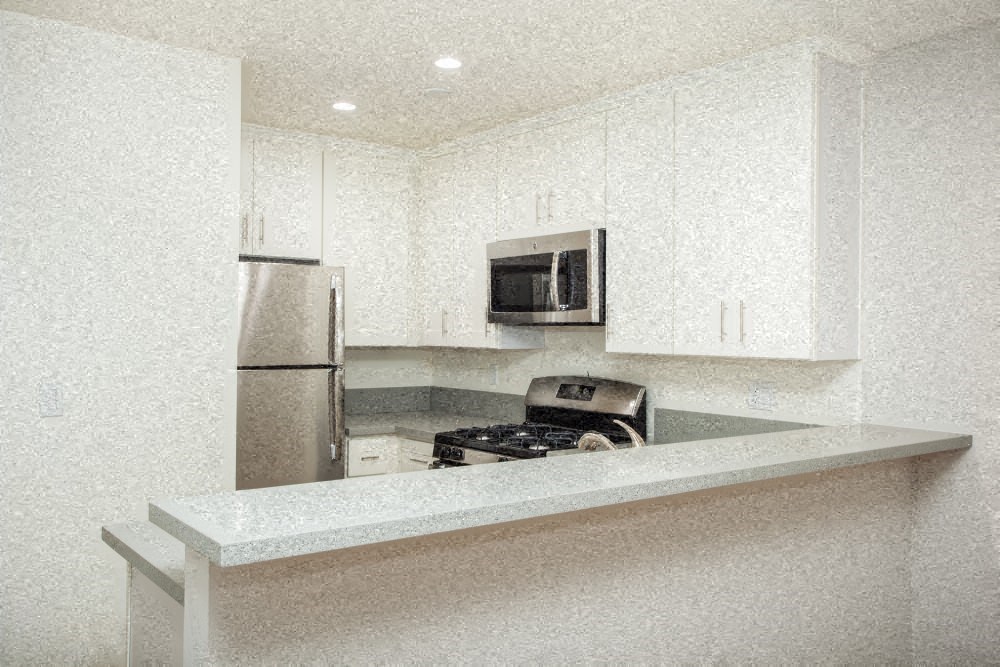 a white kitchen with a stove and a refrigerator