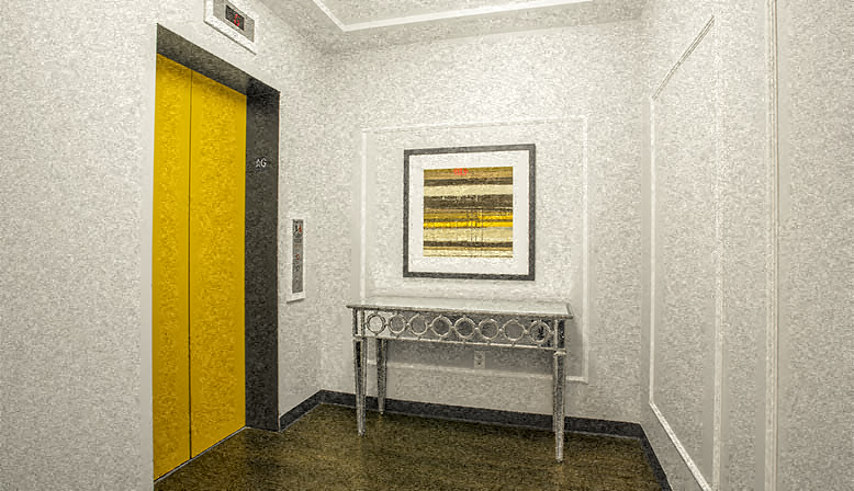 a room with a table and a painting and a yellow door