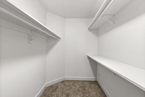 A white closet with a carpeted floor and white shelves.