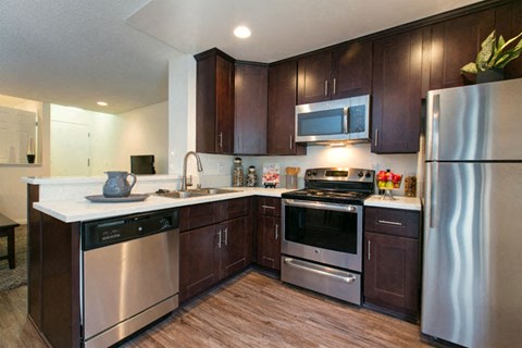 a kitchen with stainless steel appliances and wooden cabinets
