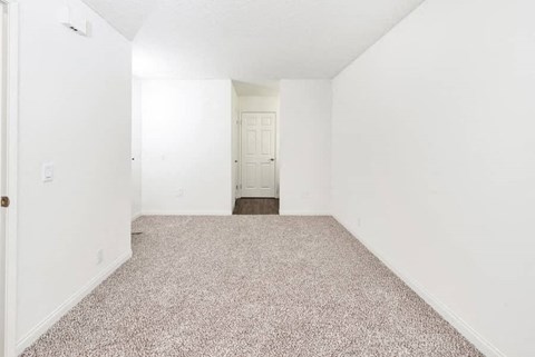 an empty room with white walls and carpet and a white door