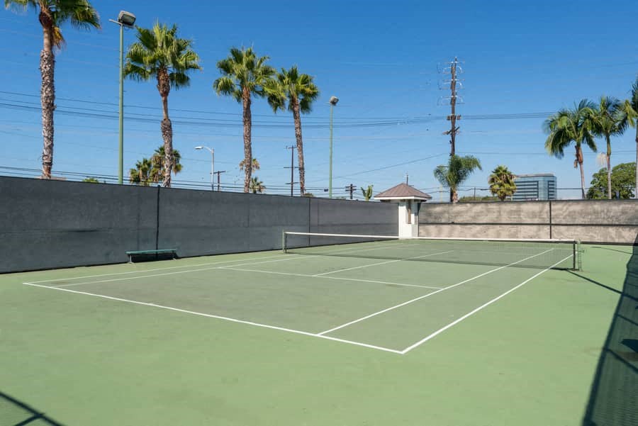 a tennis court with palm trees in the background on a sunny day