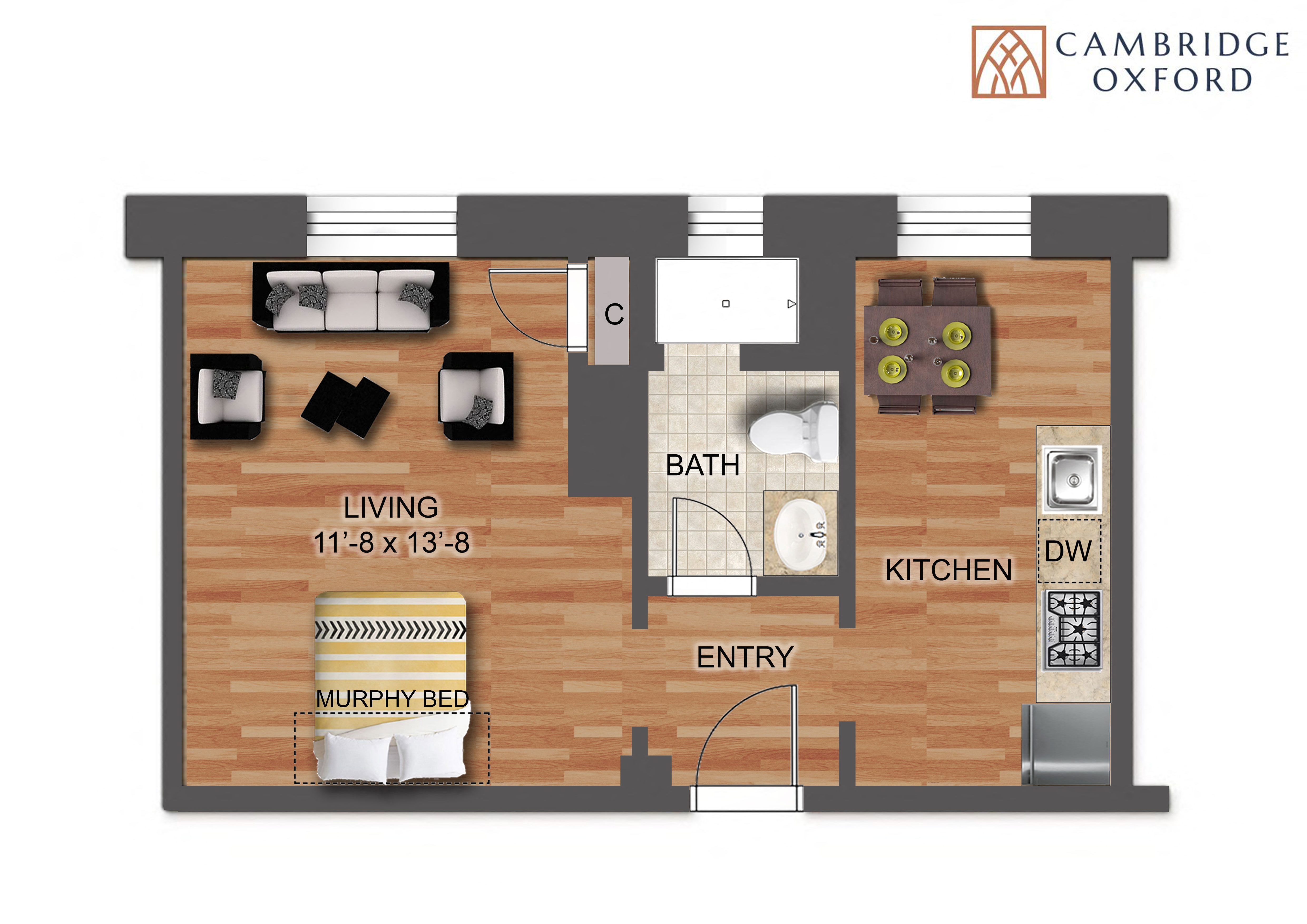 Granite counter tops, stainless steel appliances, hardwood flooring