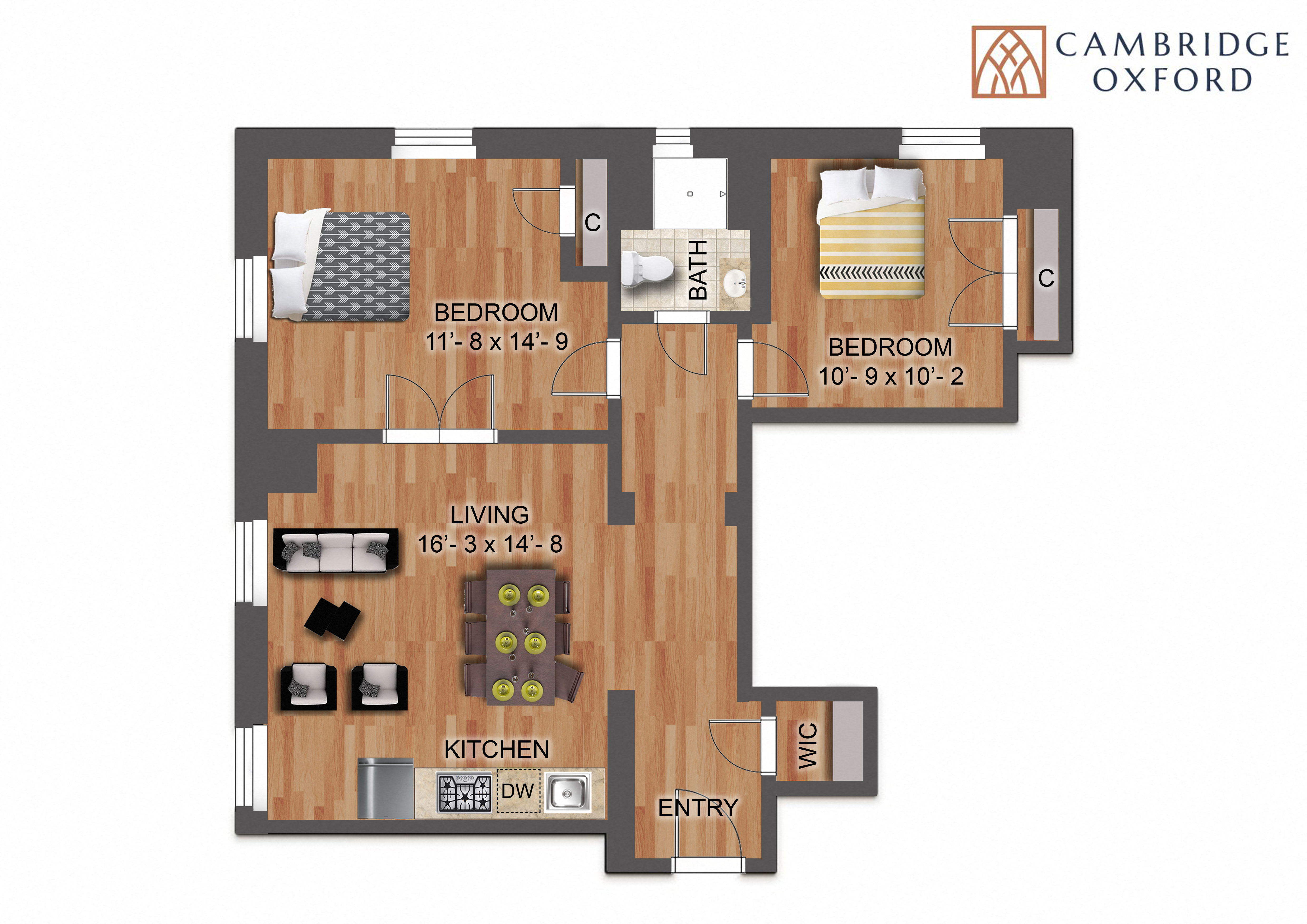 Granite counter tops, stainless steel appliances, hardwood flooring