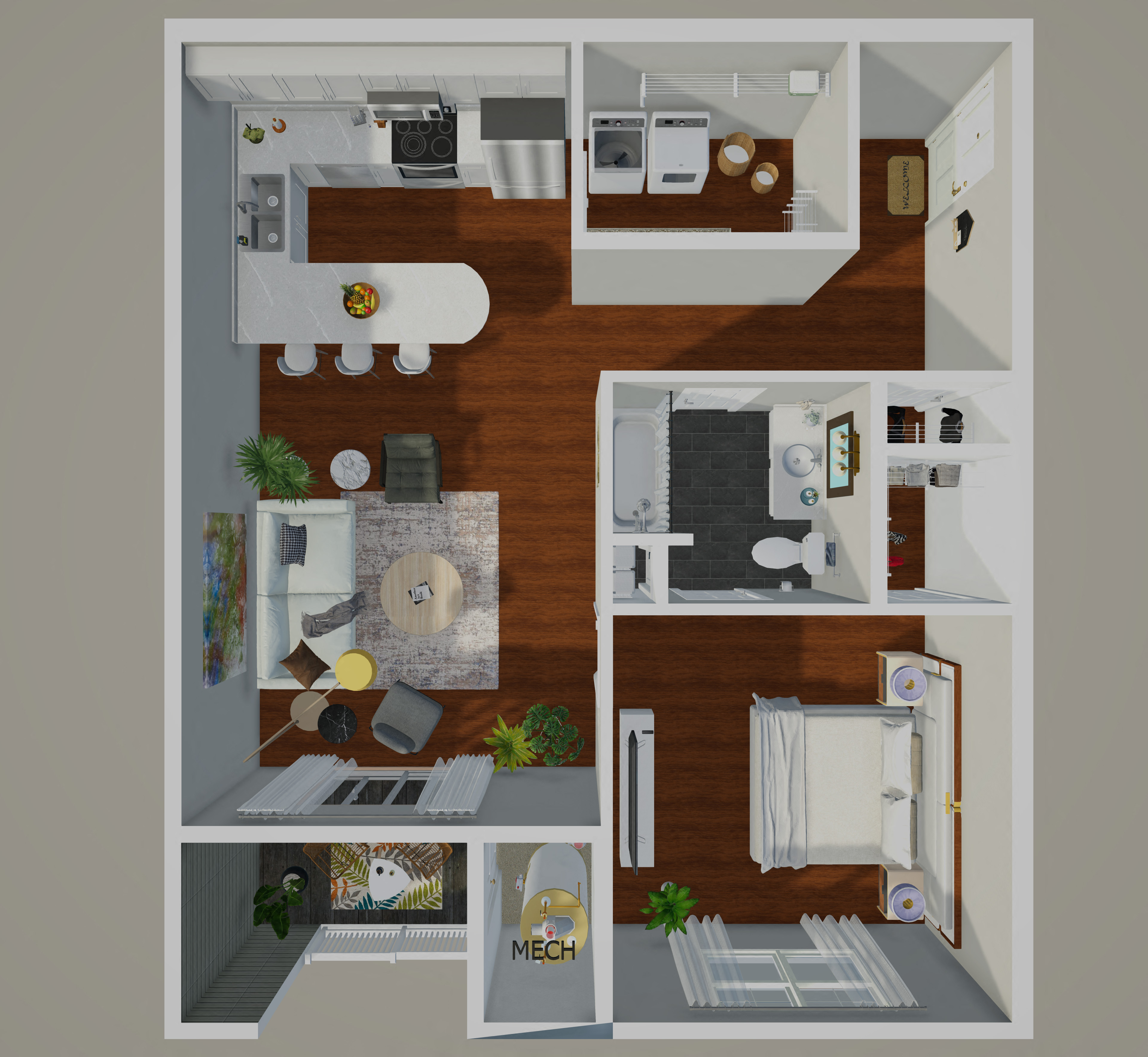 A 3D rendered image of a house layout.