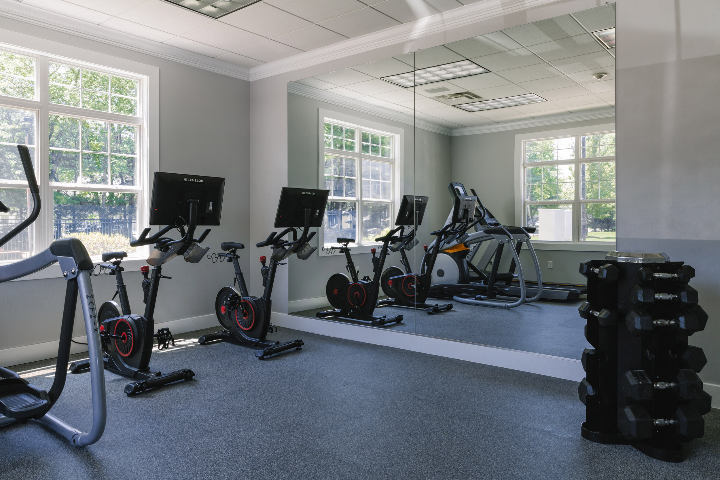 a gym with exercise bikes and weights in a room with windows