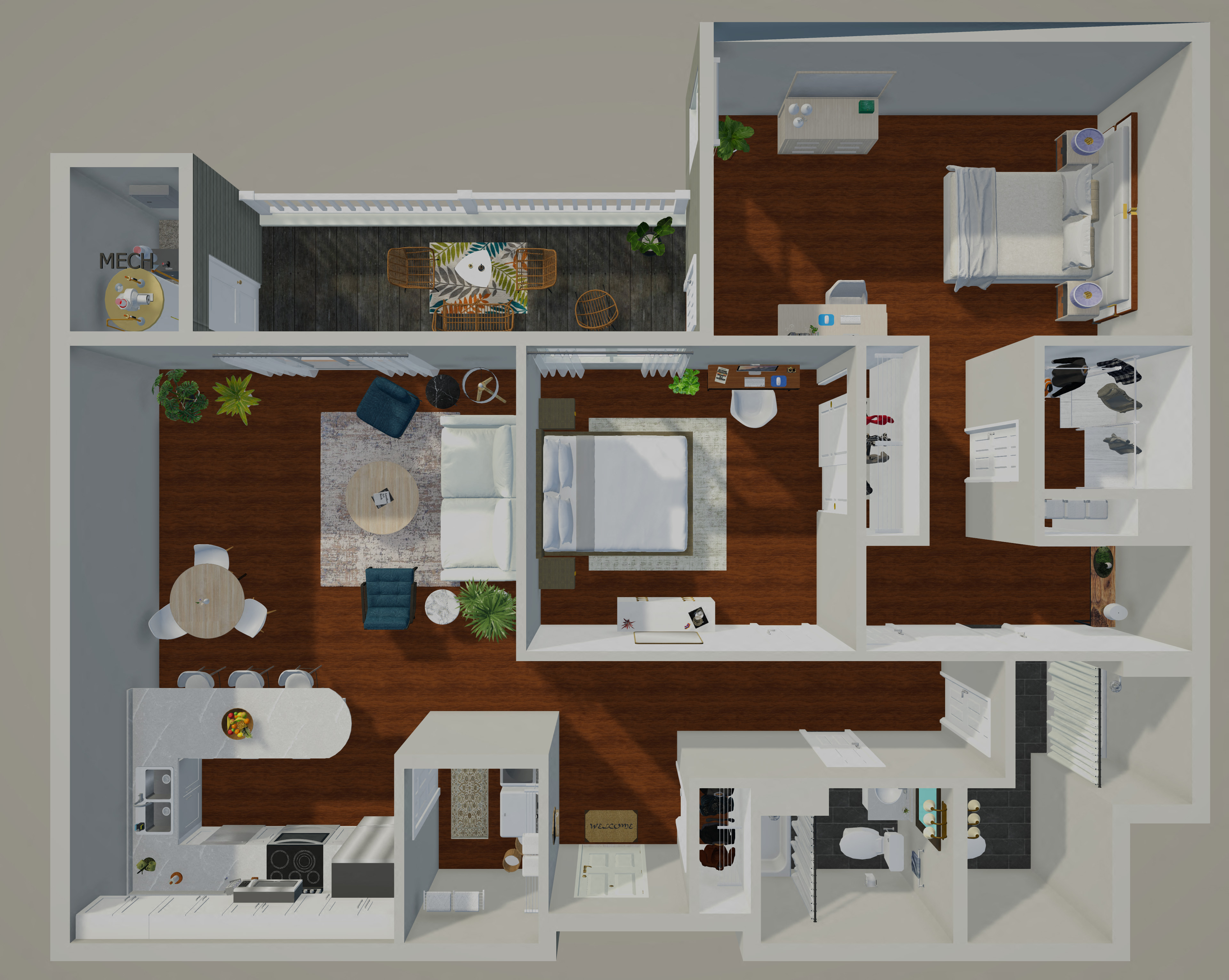 A 3D rendered image of a house layout.