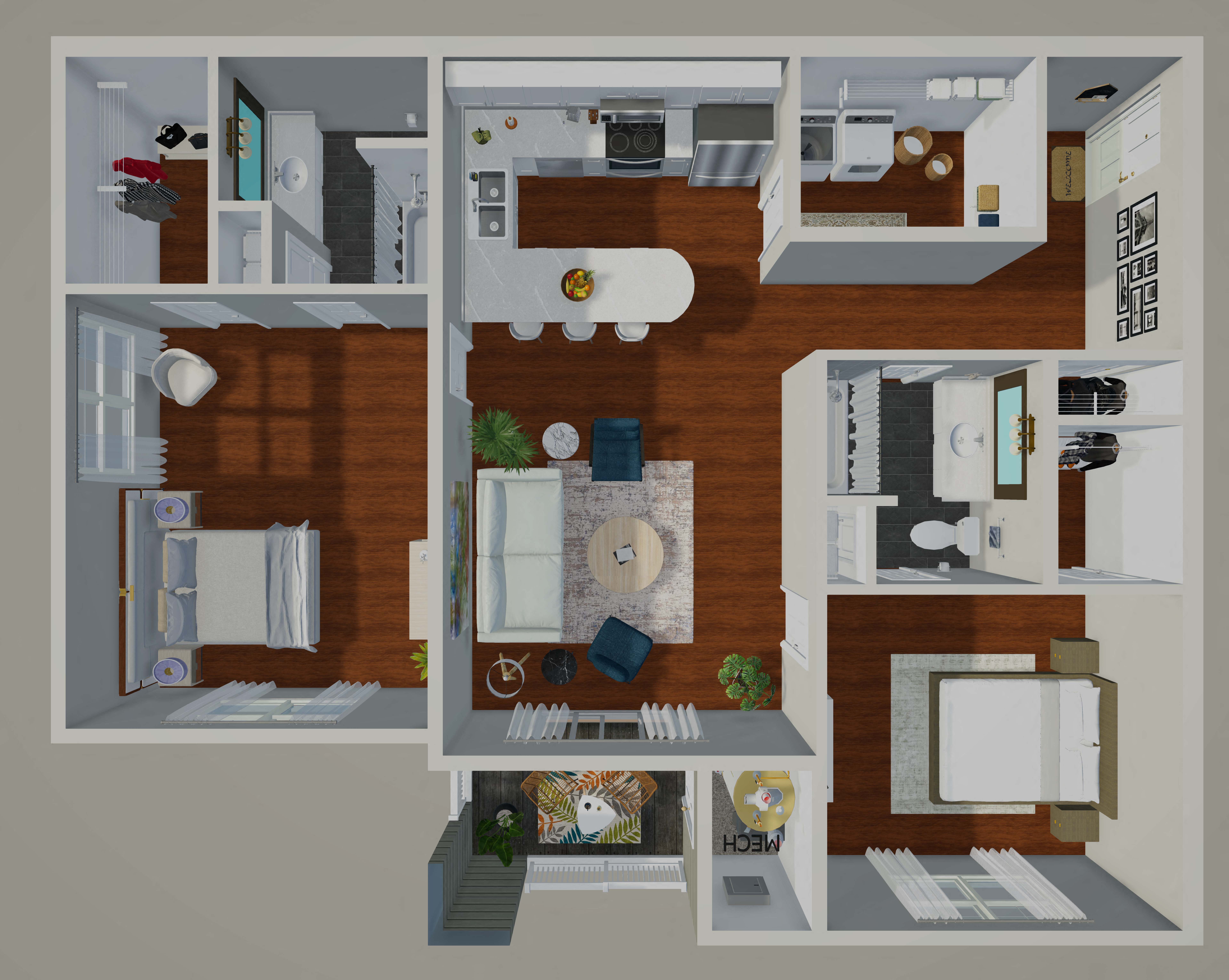 A detailed 3D floor plan of a two-story apartment.