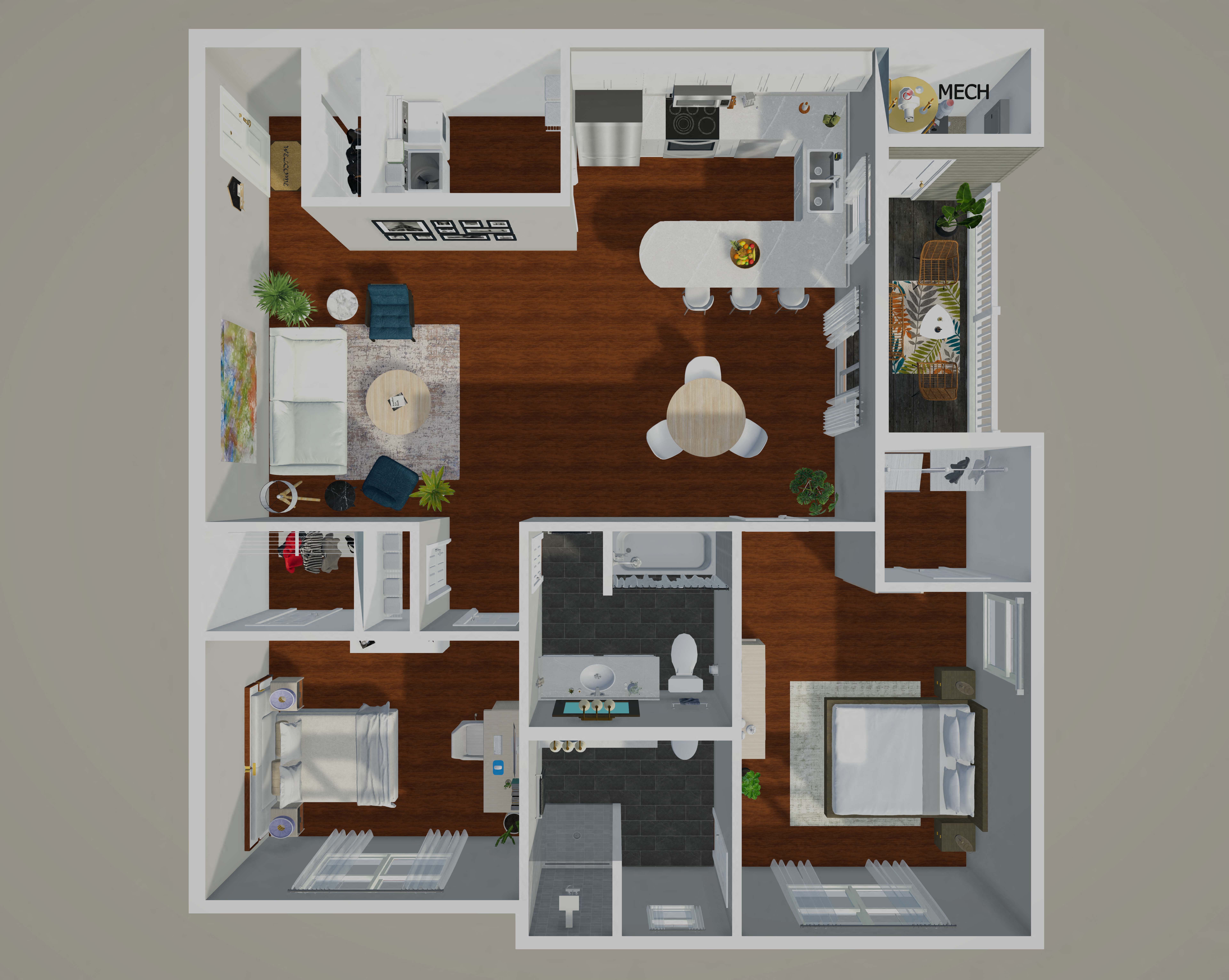 A 3D rendered image of a house layout.