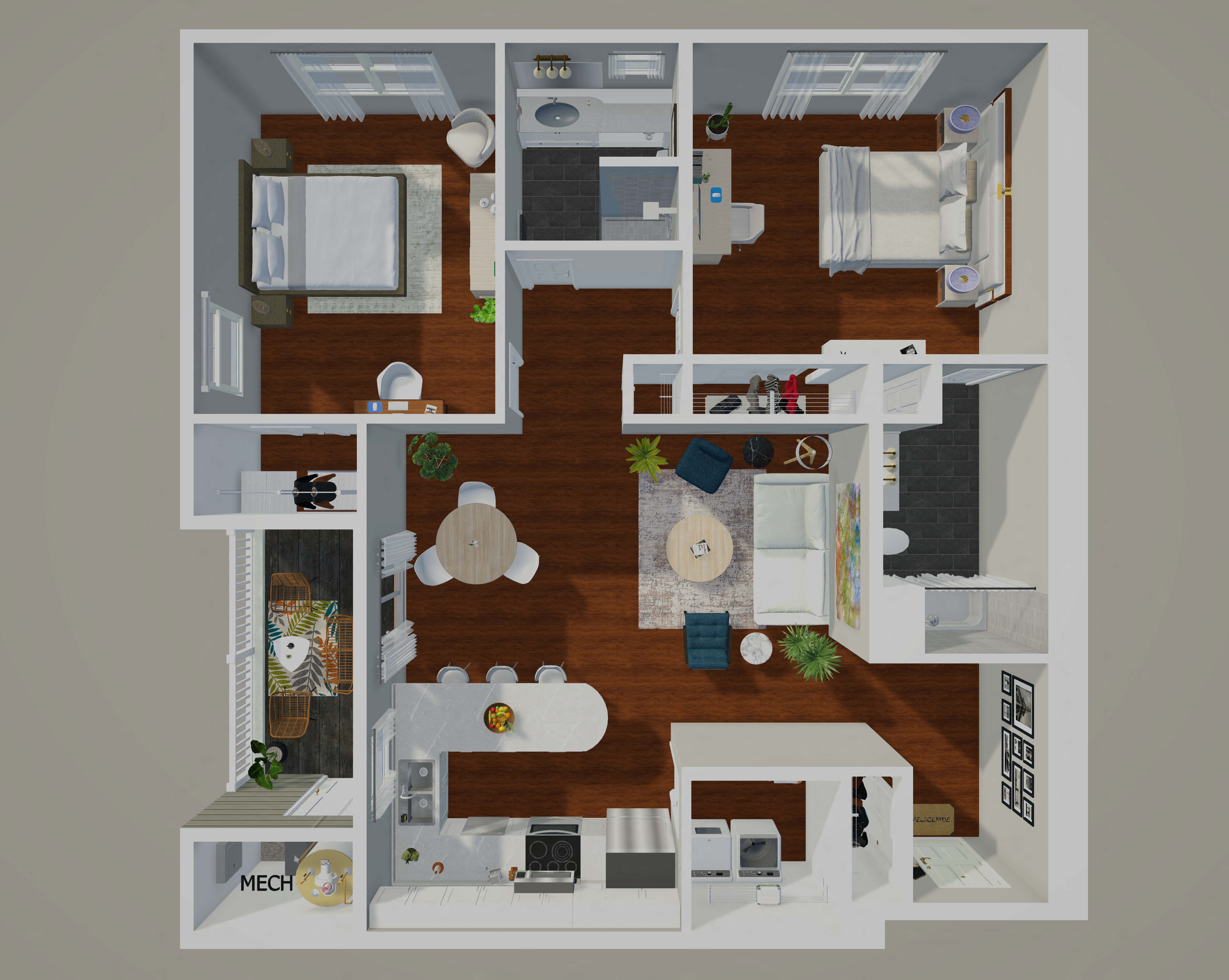 A floor plan of a two-bedroom apartment with a living room, kitchen, and bathroom.