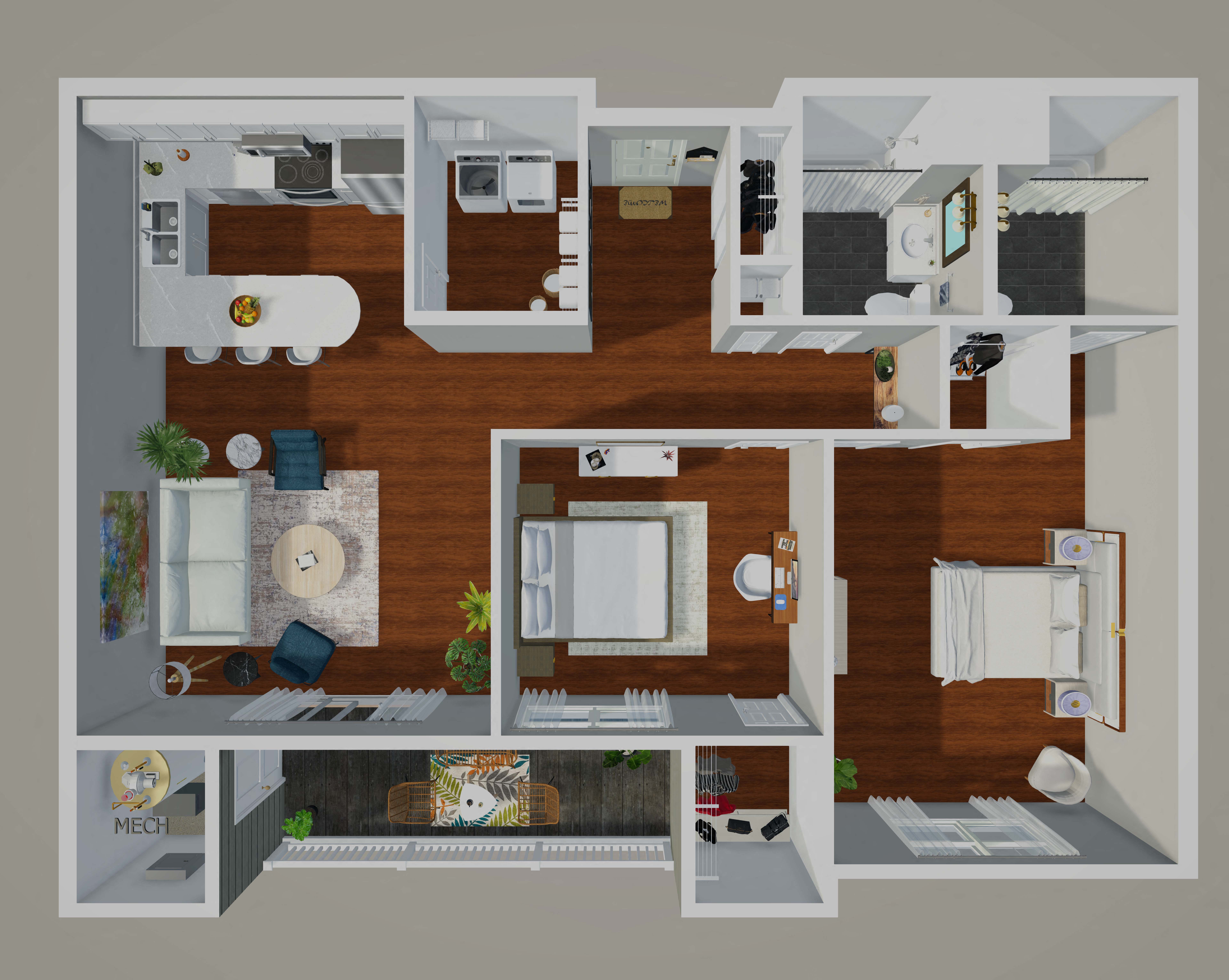 A 3D rendered image of a house layout.