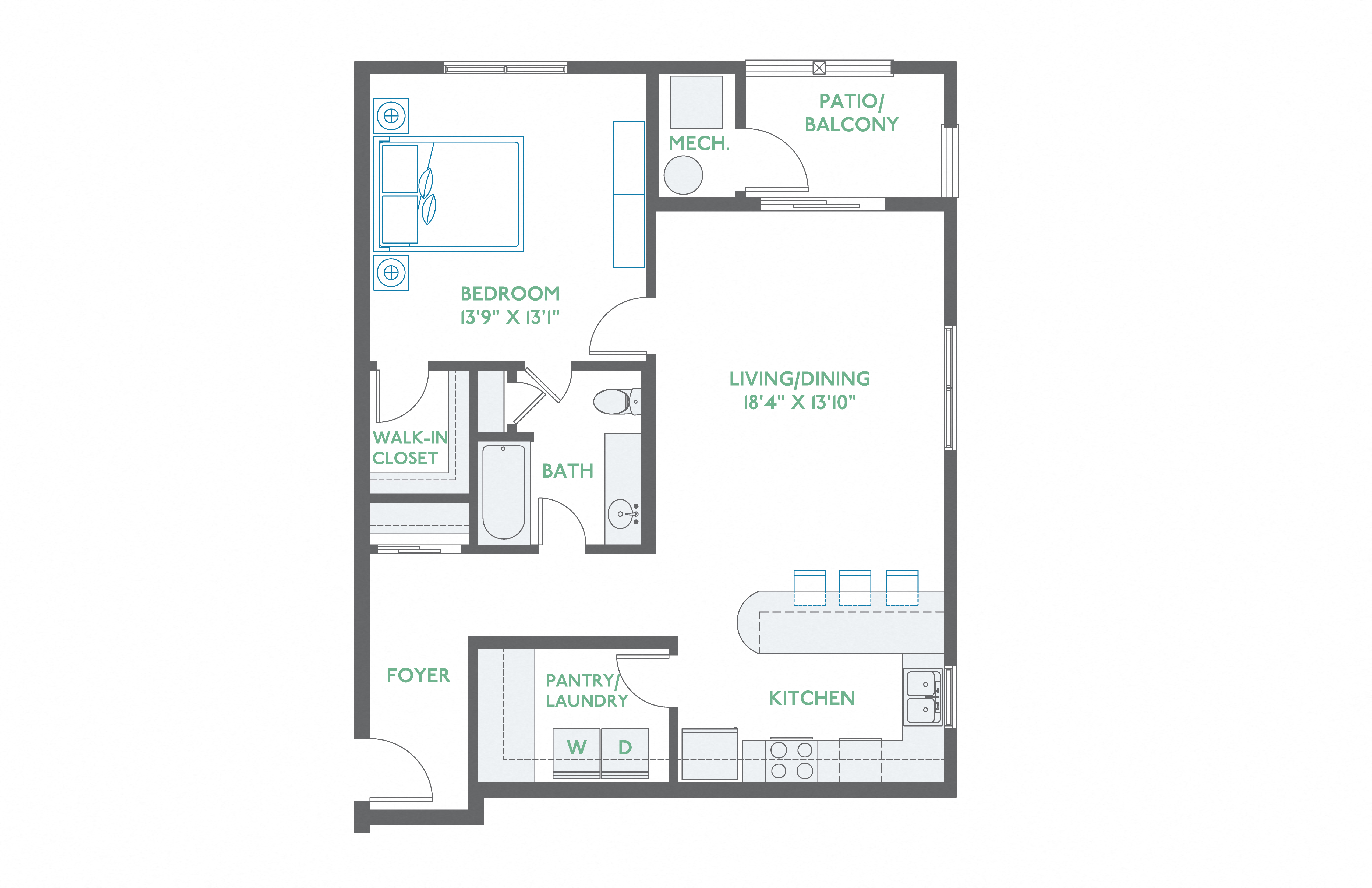 A floor plan of a apartment with a bedroom, bathroom, living/dining area, kitchen, pantry, foyer, and patio/balcony.