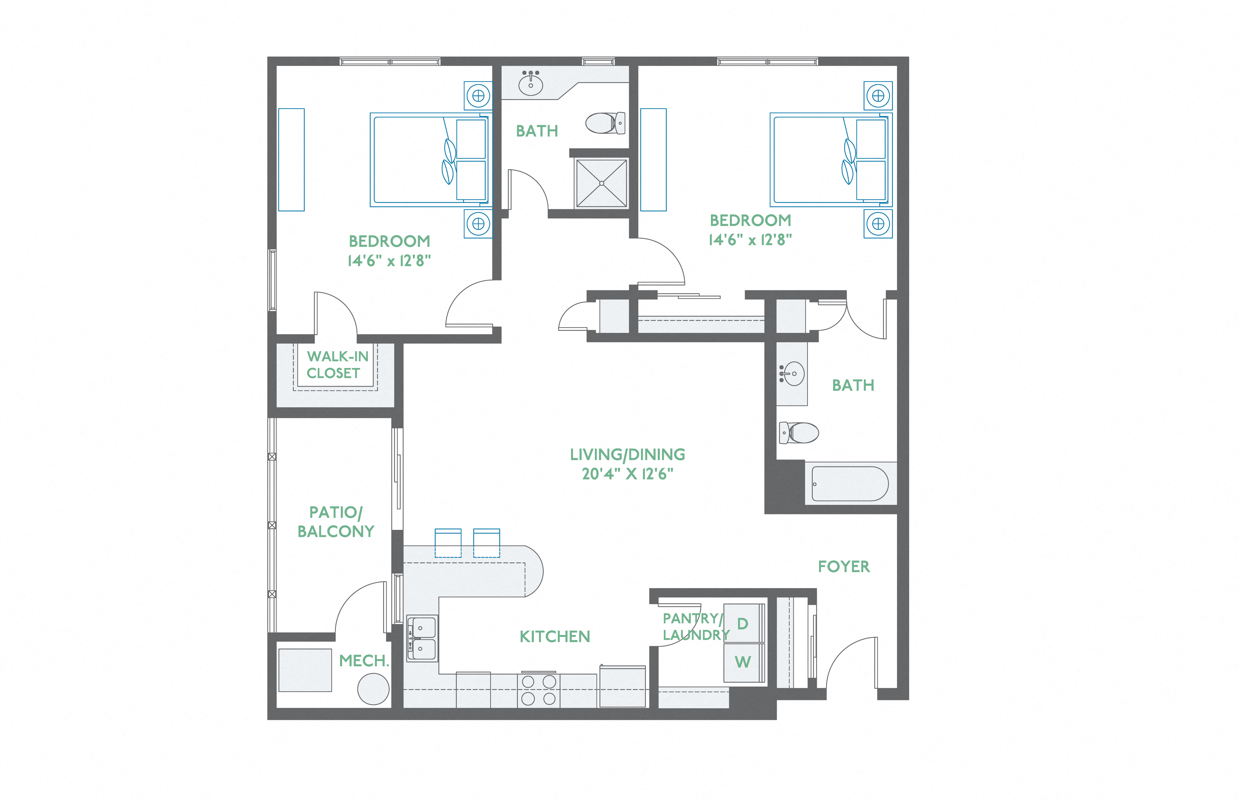 A floor plan of a apt with two bedrooms, a living room, a kitchen, a patio, a foyer, and a mech.