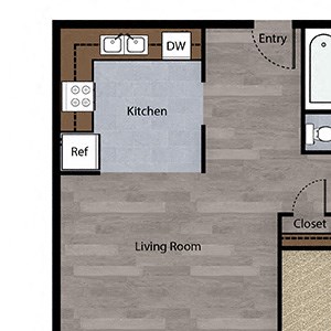 1 Bedroom, 1 Bathroom - 920 SF