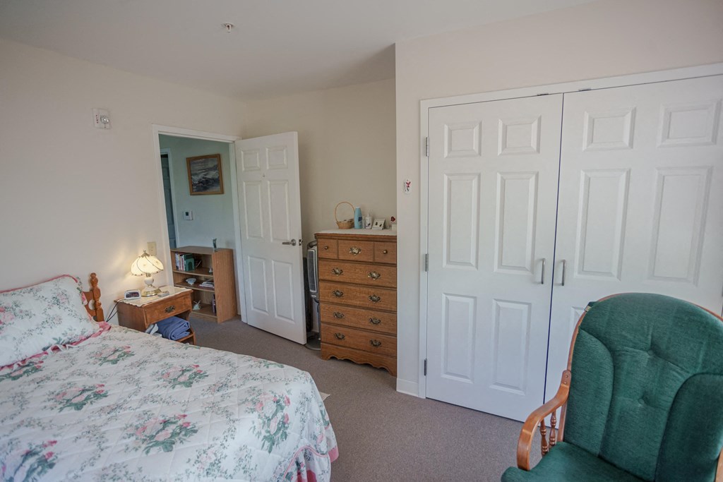 a bedroom with a bed and a chair and a dresser