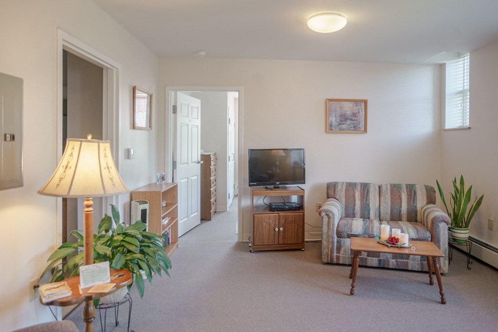 a living room with a couch and a television