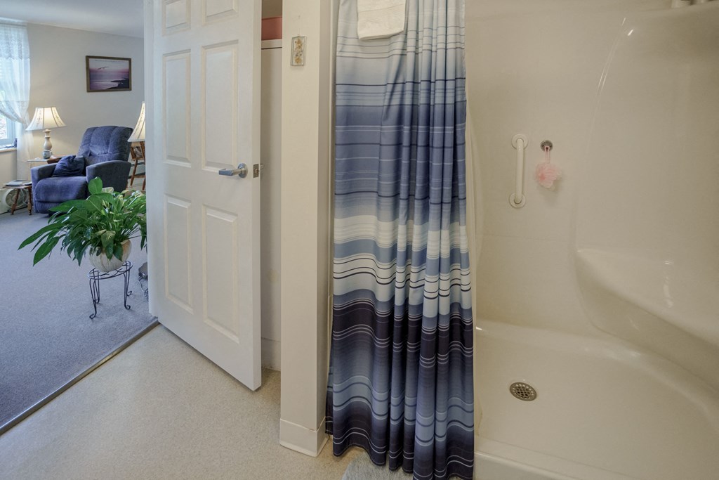 a bathroom with a shower and a living room with a couch