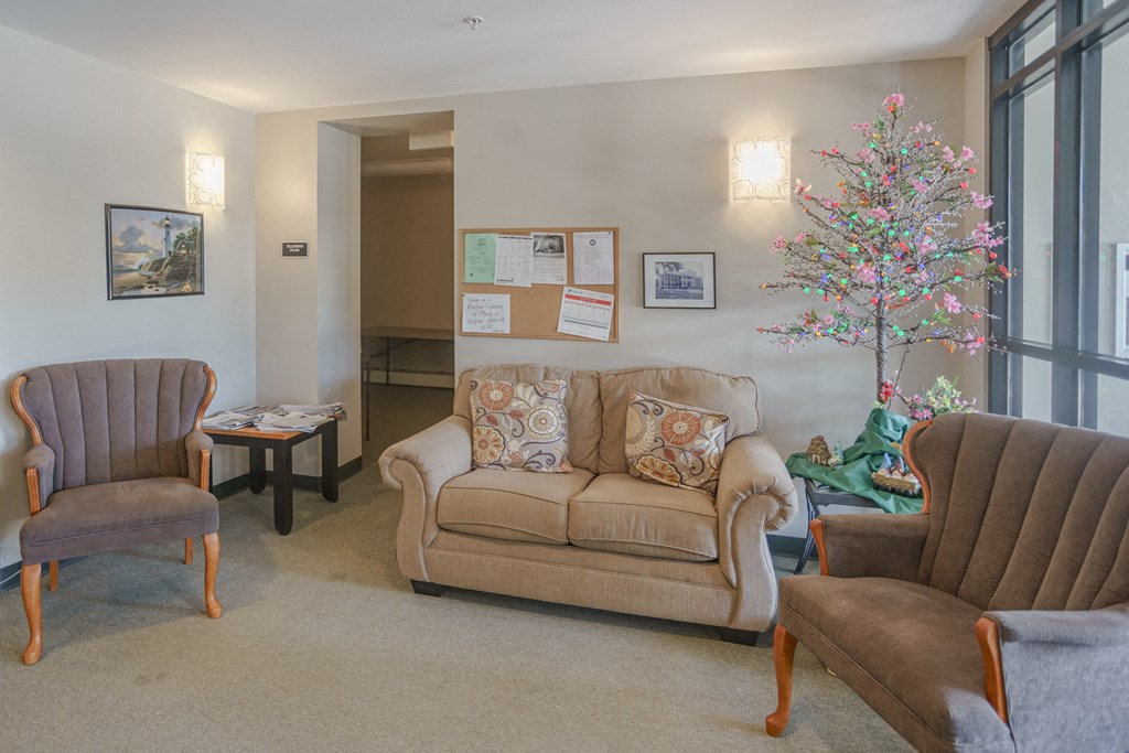 a living room with a couch and chairs and a christmas tree