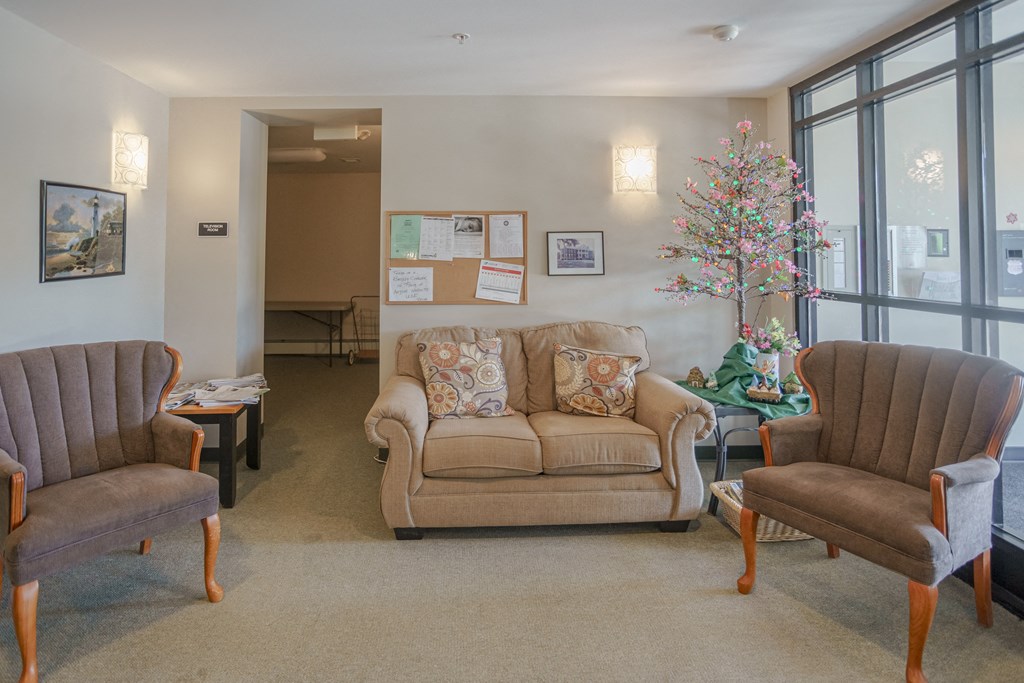 a living room with couches chairs and a christmas tree