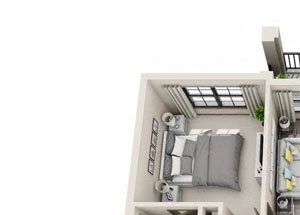 The Harrell 3D The Harrell 3D. 2 bedroom apartment. Kitchen with island open to living room. 2 full bathrooms, double vanity in master. Walk-in closets. Patio/balcony.