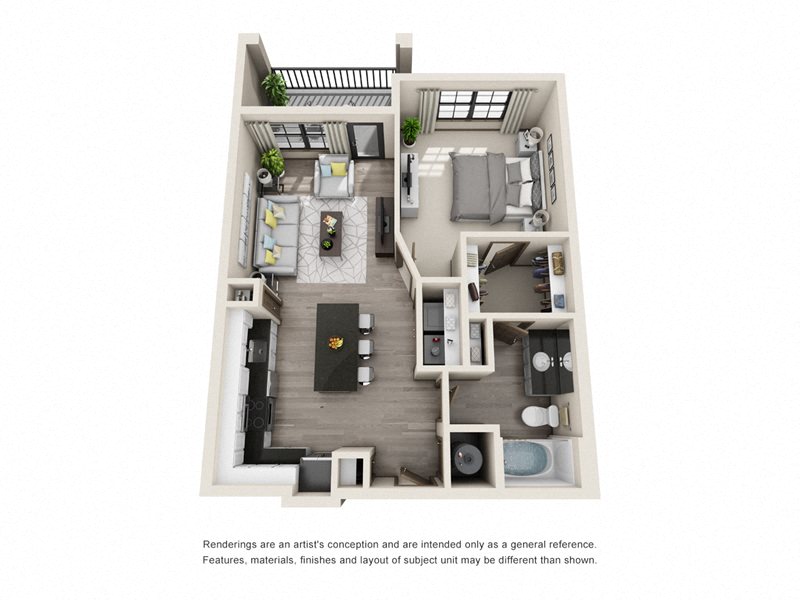 The Oatts 3D. 1 bedroom apartment. Kitchen with island open to living room. 1 full bathroom. Walk-in closet. Patio/balcony.