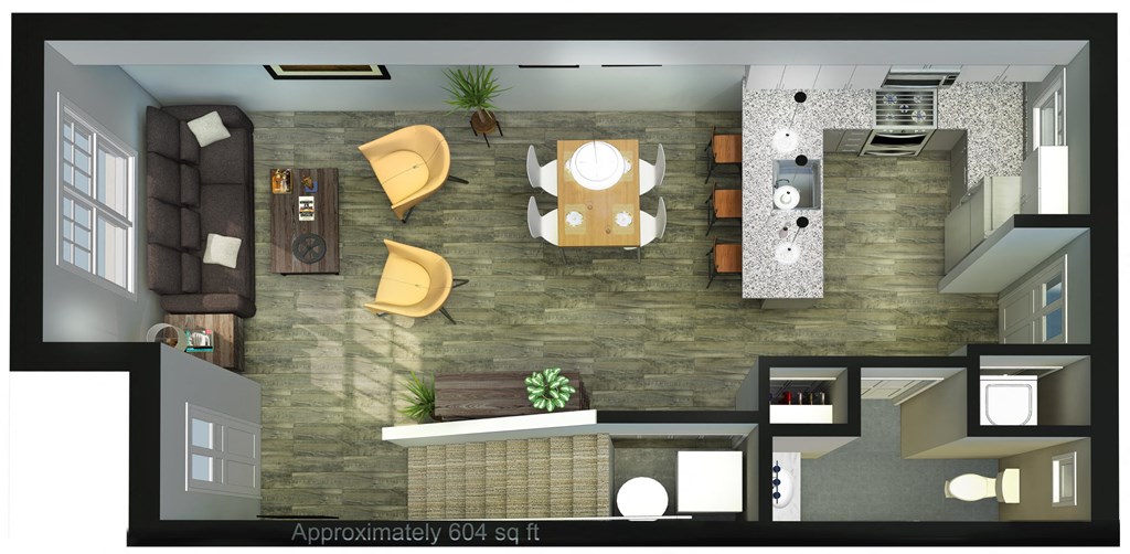 3d floor plan of a living room and dining room