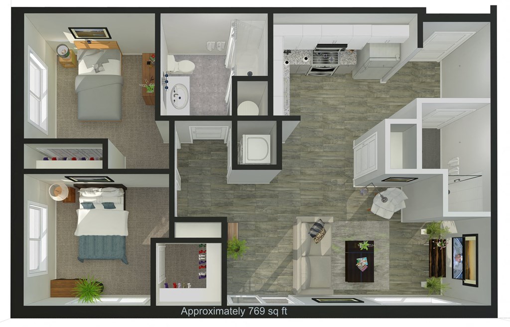 3d floor plan of a 1 bedroom apartment
