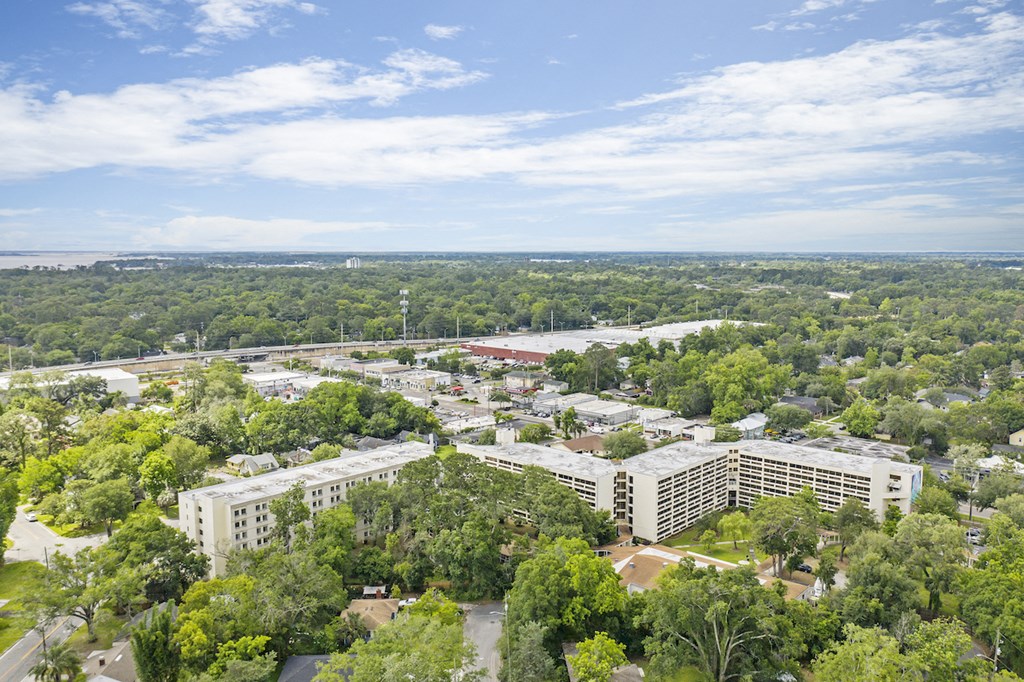 an aerial view of a city with trees and buildings