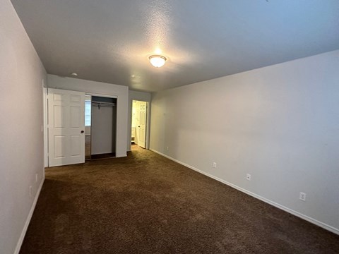 A room with a brown carpet and white walls.
