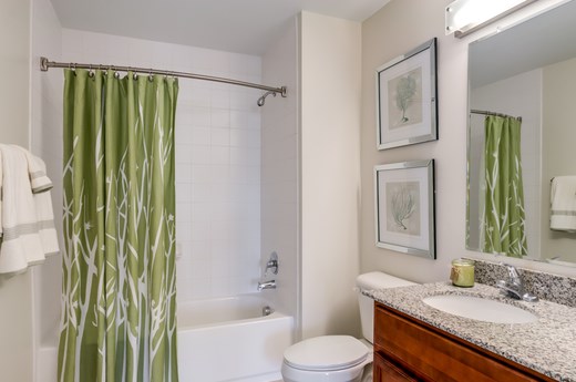 a bathroom with a green and white shower curtain and a toilet and sink