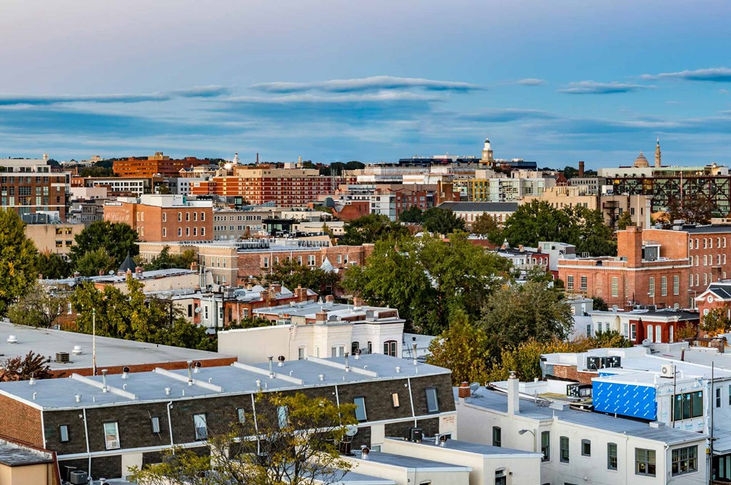 a view of the city from the roof of a building