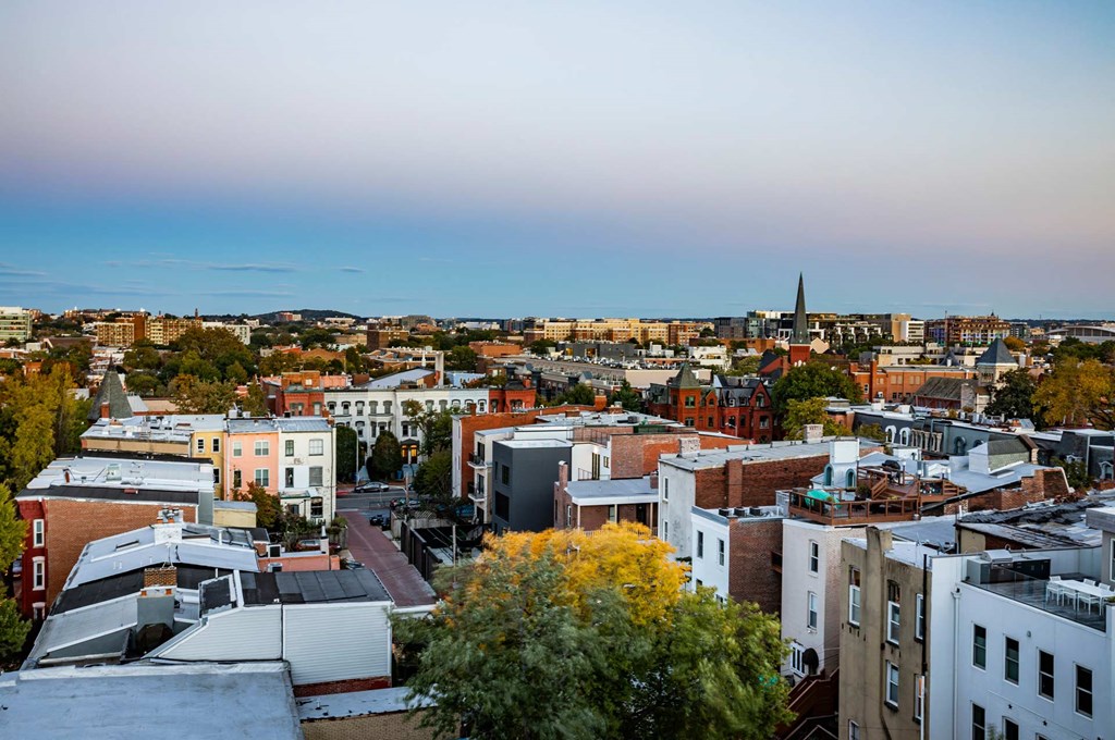 a view of the city from the roof of a building