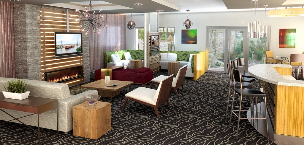 a rendering of a living room with a fireplace and a dining room