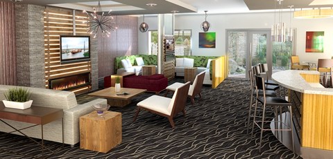 a rendering of a living room with a fireplace and a dining room