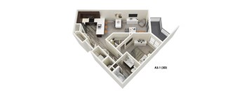 1 Bed 1 Bath (A3) Floor Plan at One Deerfield Apartments, Mason