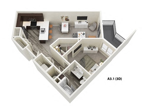 1 Bed 1 Bath (A3) Floor Plan at One Deerfield Apartments, Mason