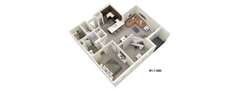 1 Bed 1 Bath + Den (B1) Floor Plan at One Deerfield Apartments, Ohio