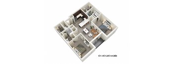 2 Bed 2 Bath  (C1) Floor Plan at One Deerfield Apartments, Ohio, 45040