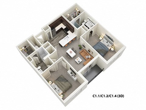 2 Bed 2 Bath  (C1) Floor Plan at One Deerfield Apartments, Ohio, 45040