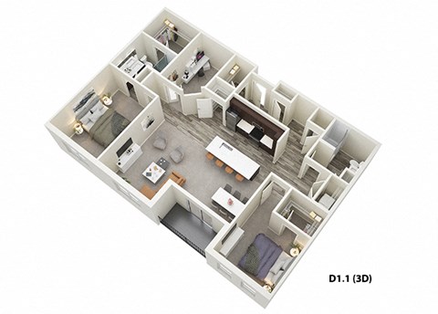 2 Bed 2 Bath + Den (D1) Floor Plan at One Deerfield Apartments, Mason, 45040