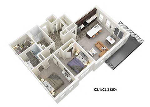 2 Bed 2 Bath (C2) Floor Plan at One Deerfield Apartments, Ohio, 45040