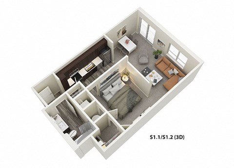 Studio (S1) Floor Plan at One Deerfield Apartments, Ohio, 45040