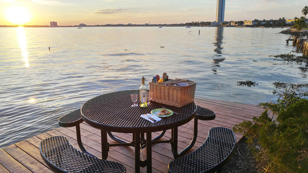 Table on dock looking over lake