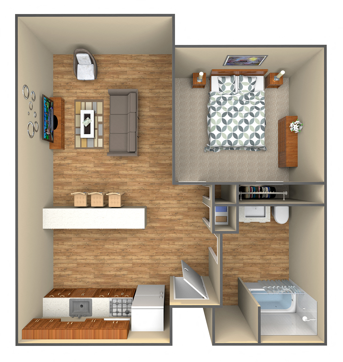 1 Bed 1 Bath Floor Plan at Cameron Park Village Apartments, California