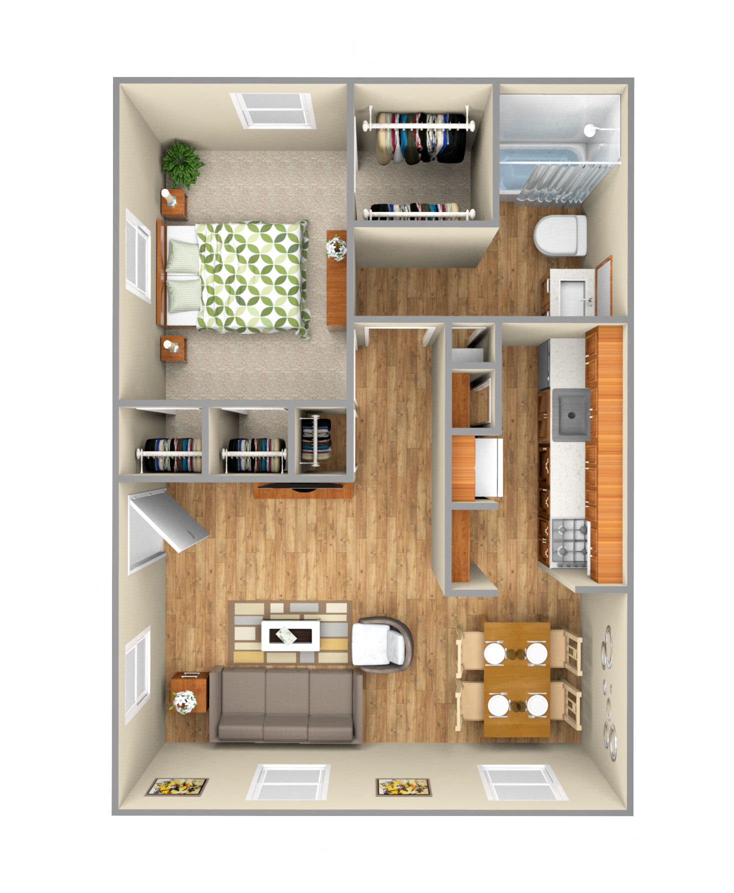 1 Bedroom 1 Bath Floor Plan at Birchwood Apartment Homes, Dallas, 75204